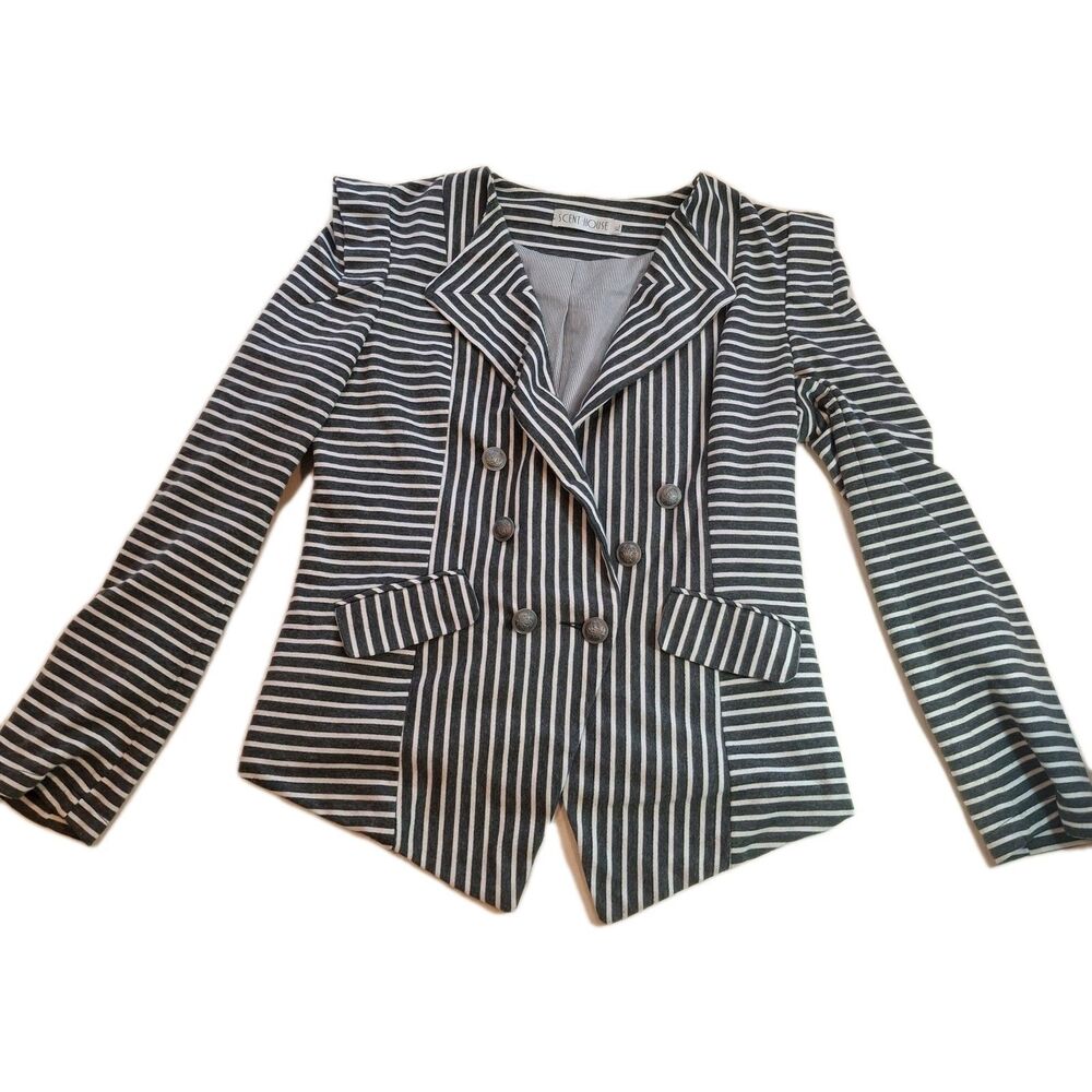 Collarless Structured Blazer Sz XL Double Breast Grey White Stripe Indie Sleeze